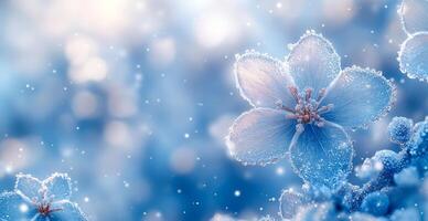 Winter garden with frosty blue flowers. Delicate blue flowers glisten with frost, creating a stunning winter wonderland effect in a serene garden setting. photo