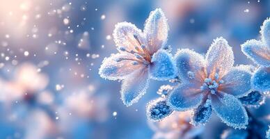 Frosty blooms glimmer in winter light. Delicate flowers covered in frost sparkle in soothing winter light, showcasing nature's beauty during the chilly season. photo