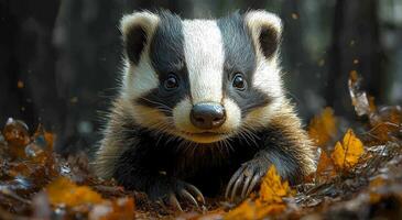 Badger explores autumn forest floor. A badger wanders through a forest, surrounded by fallen leaves, showcasing its inquisitive nature during the autumn season. photo