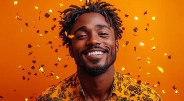 Man smiling with orange backdrop and confetti. A joyful man with a vibrant shirt smiles widely as golden confetti falls against an orange backdrop, showcasing a festive atmosphere. photo