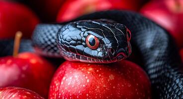 Black snake resting on red apples in a basket. A striking black snake lounges atop shiny red apples, creating a vivid contrast in a rustic setting filled with fruits. photo
