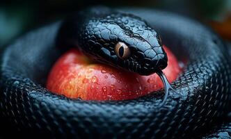 Black snake resting on a red apple in nature. A black snake coils itself around a shiny red apple, glistening with droplets, blending nature's beauty with intrigue. photo