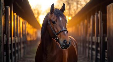 Brown horse standing in stable during sunset. A brown horse is calmly positioned in a stable as the warm glow of sunset illuminates the surroundings, creating a serene atmosphere. photo