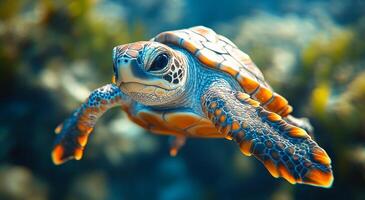 Sea turtle glides in clear waters. A sea turtle glides gracefully through colorful underwater scenery, displaying its unique patterns in a tranquil ocean. photo
