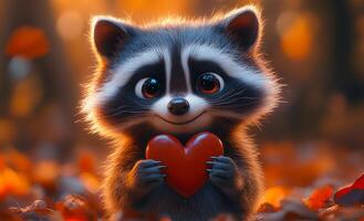 Raccoon with heart in autumn leaves. A charming raccoon smiles while cradling a red heart among colorful autumn foliage, creating a warm and joyful atmosphere. photo