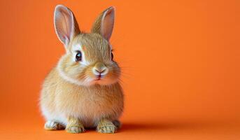 Brown rabbit on orange background. A fluffy brown rabbit sits quietly, showcasing its adorable features against a bright orange background. photo