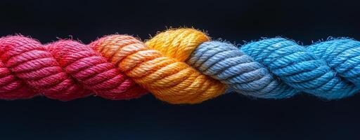 Vibrant twisted ropes on dark background. Several ropes in bright colors intertwine beautifully, creating a striking visual contrast against a dark background. photo