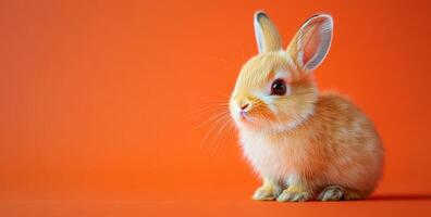 Cute rabbit sitting on a vibrant orange background. A fluffy orange rabbit sits calmly on a bright orange backdrop, showcasing its adorable features and curious expression. photo