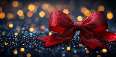 Red bow with warm lights on dark bg. An exquisite red bow sits against a dark backdrop, illuminated by soft golden lights creating a festive atmosphere. photo