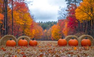 Autumn harvest display with pumpkins and hay bales. Pumpkins arranged on the ground with hay bales, showcasing vibrant autumn foliage in the background under a cloudy sky. photo
