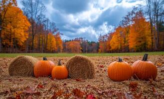 Autumn pumpkins and hay bales scene. Bright orange pumpkins and hay bales are arranged against a backdrop of colorful fall trees under a cloudy sky. photo