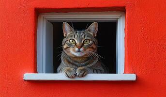 Cat resting by a window on a vibrant red wall. A tabby cat lounges on a windowsill, enjoying the view and sunlight through a striking red wall. photo