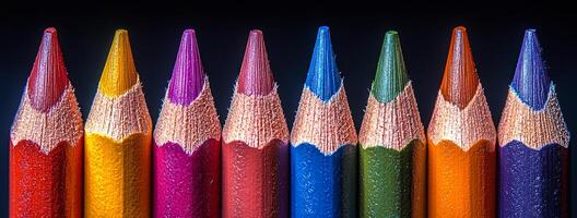Colorful pencil tips arranged in a vibrant display. A collection of vibrant colored pencils lined up, showcasing their sharpened tips in a variety of hues against a dark background. photo