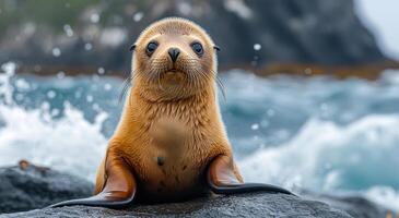 Cute seal rests on a rock by the ocean shore. A young seal relaxes on a rocky surface while waves crash nearby on a coastal landscape. photo