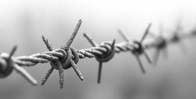 Barbed wire fence close-up with blurred background. A close-up view of rusted barbed wire against a soft, blurred backdrop, highlighting the intricate twists and sharp points of the fence. photo