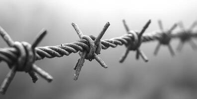 Barbed wire fence stretching across a foggy field. A close-up of barbed wire rusting in a foggy field, capturing the bleakness of a quiet, overcast day in nature. photo