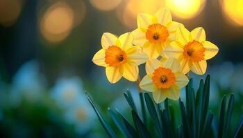 Yellow daffodils bloom in a garden during sunset. Bright yellow daffodils with orange centers bloom in a garden as the sun sets, creating a warm and vibrant atmosphere. photo
