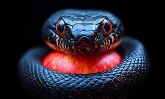 Black snake resting atop a red apple in darkness. A snake with glossy black scales and striking eyes coils around a bright red apple in a dark setting, creating a dramatic contrast. photo