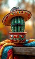 cactus con sombrero y Bigote. un vibrante cactus vestido en un vistoso sombrero y Bigote se sienta en un decorado maceta, capturar un juguetón, festivo atmósfera. foto