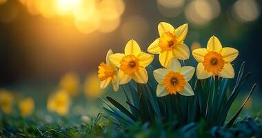 Spring garden with blooming daffodils. Golden daffodils bloom vibrantly in a garden, basking in warm sunlight during a serene spring evening. photo