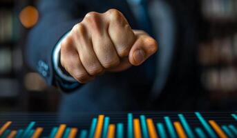 Pro analyzing growth stats in office. A business professional with a clenched fist examines colorful growth statistics on a digital display in an office setting. photo