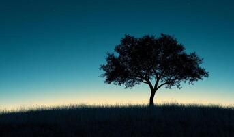 Silhouette of a solitary tree at dusk on a hilltop. A dark silhouette of a tree stands alone on a grassy hill as dusk settles, creating a serene and tranquil atmosphere. photo