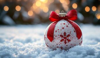 Decorative Christmas ornament resting on soft snow. A shimmering silver ornament with a red bow sits on a blanket of snow, glistening as warm lights twinkle in the background. photo