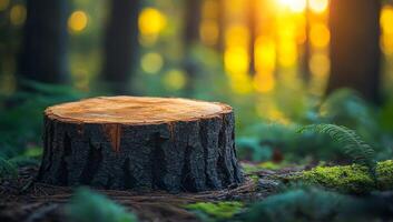 Tree stump in a sunlit forest during golden hour. A sunlit forest showcases a freshly cut tree stump surrounded by lush greenery and soft ferns under the warm glow of evening light. photo