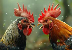 Roosters in a dawn crowing contest. Two roosters compete in a dawn crowing contest, flaunting their colorful feathers and vocal skills in the soft morning light. photo