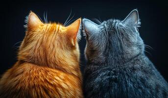 Two cats relaxing together in a cozy indoor space. Two cats, one orange and one gray, sit side by side, enjoying a quiet moment of companionship in a dimly lit room. photo