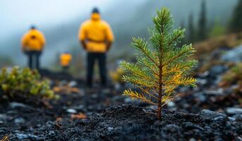 Volunteers planting trees in a misty forested area. A small tree sapling is planted in a misty landscape, surrounded by individuals in yellow jackets actively engaging in reforestation. photo