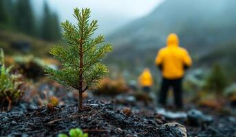 Pine tree, hikers in yellow, misty mountains. A tiny pine tree grows in the foreground while two hikers wearing yellow jackets explore a misty mountain landscape in the background. photo