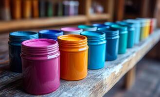 Paint jars lined up on a shelf. A vibrant array of paint jars in various colors neatly lined up on a rustic wooden shelf in an art space. photo