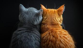 Two cats cuddling together in cozy harmony. Two cats, one grey and one orange, cuddle closely, showcasing their unique fur patterns against a dark background. photo