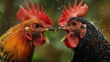 Roosters in a lively crowing duel. Two vibrant roosters face each other, crowing loudly amidst a backdrop of blurred greenery, capturing their rivalry. photo