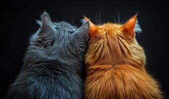 Two cats enjoying each other's company. Two cats, one gray and one orange, sit side by side, sharing a warm moment of companionship against a dark background. photo
