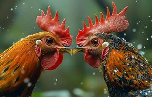 Two roosters in a playful standoff. Two colorful roosters engage in a spirited standoff amidst a snowy backdrop, showcasing their vibrant feathers and unique personalities. photo