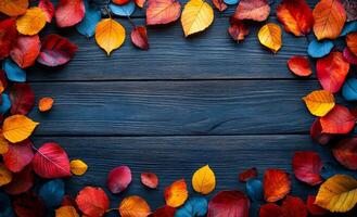 Autumn leaves on wood surface. Vibrant autumn leaves in red, orange, and yellow scattered on a rustic wooden background, creating a seasonal display. photo