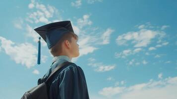 Young man looking the sky wearing graduation cap photo from back with sun light