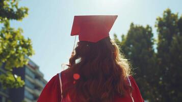 Young female with long hair wearing graduation cap photo from back with sun light