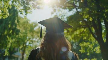 Young female with long hair wearing graduation cap photo from back with sun light