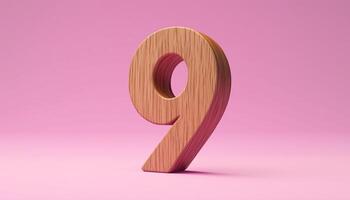 Shape number 9 made from pieces wooden textured in pink pastel background photo