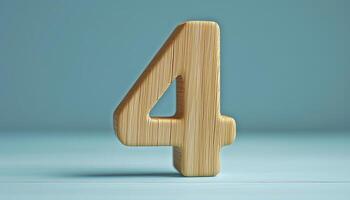 Shape number 4 made from pieces wooden textured in pastel background photo