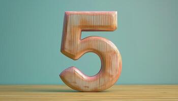 Shape number 5 made from pieces wooden textured in pastel background photo