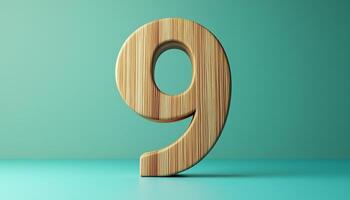 Shape number 9 made from pieces wooden textured in pink pastel background photo
