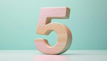 Shape number 5 made from pieces wooden textured in pastel background photo