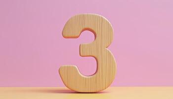 Shape number 3 made from pieces wooden textured in pastel background photo