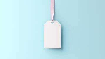 Paper price tag label white brand name with rope on solid blue background photo