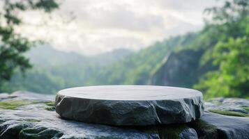 Stone podium stage on edge summer and valley view nature in winter forest photo