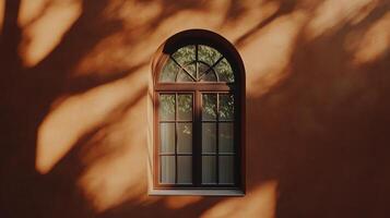 Aesthetic arch window shape on brown wall with shadow leaves tree classing building architecture photo